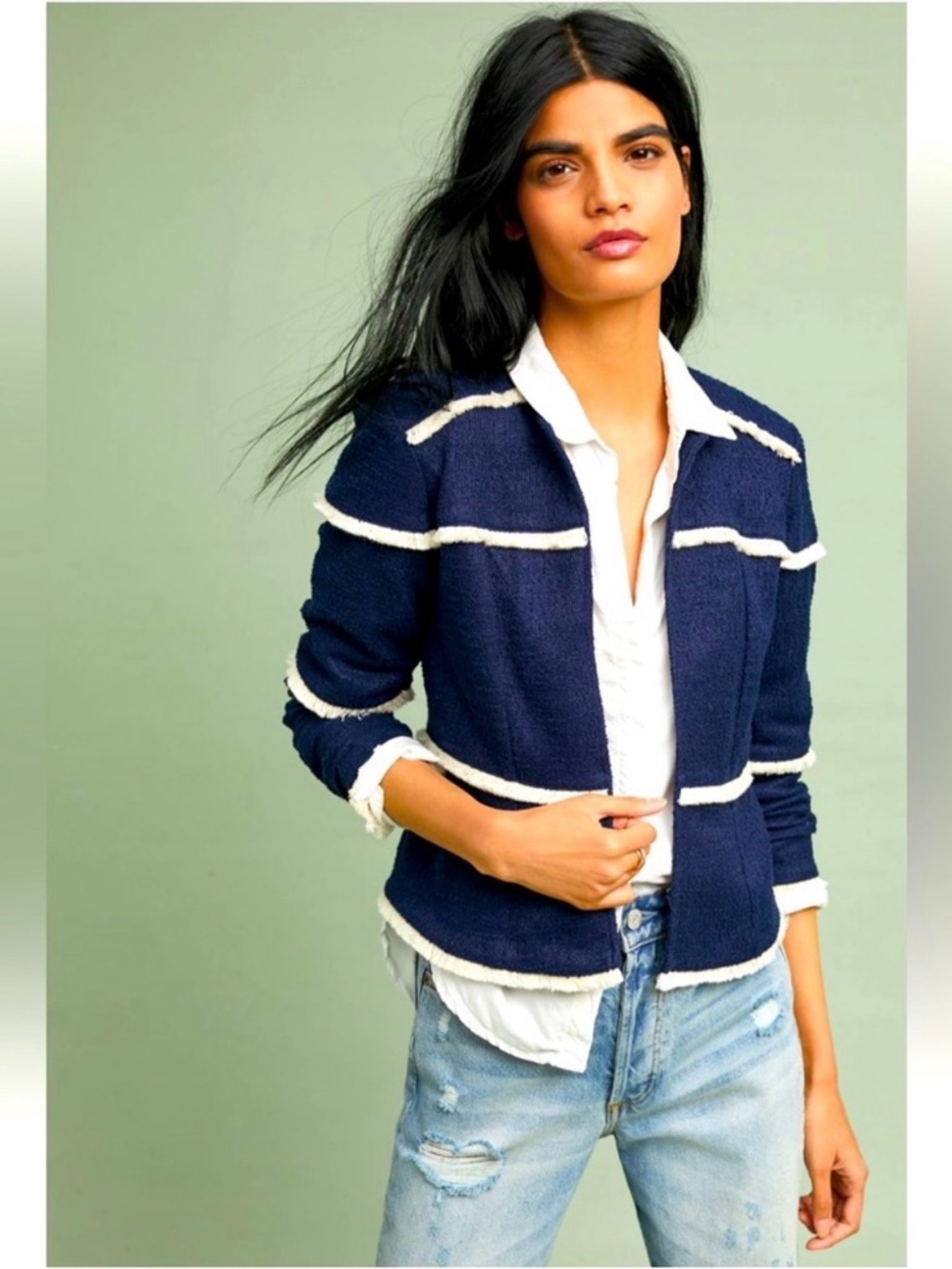 Anthropologie Dolan Left Coast Julie Fringed Navy White Open Jacket Medium